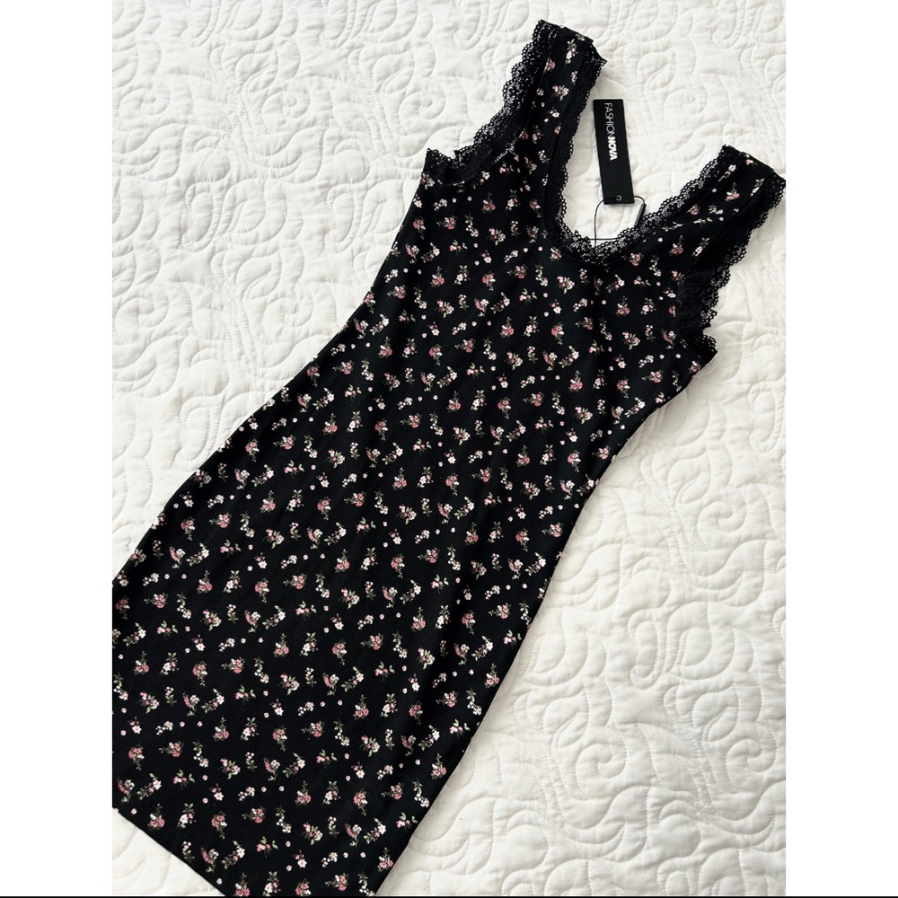 Fashion Nova black floral ribbed mini dress